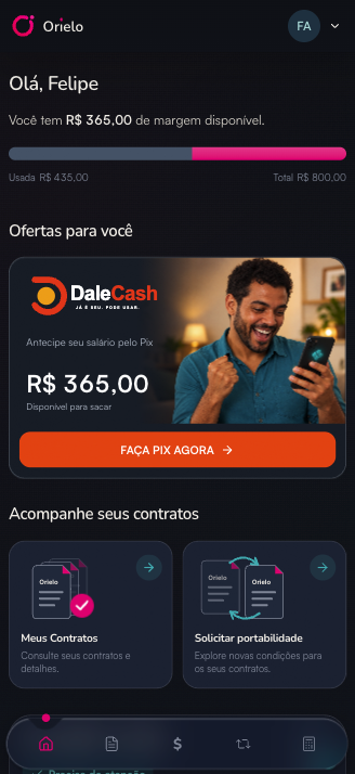 Tela oficial do aplicativo DaleCash com print do sistema mostrando saldo disponível e antecipação imediata via Pix